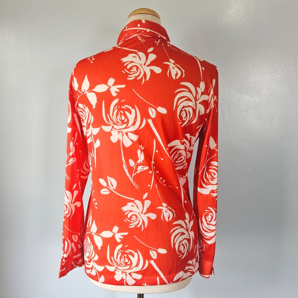 Vera Neumann Vintage 70s Orange Red White Rose Floral Dagger Collar Blouse M - Picture 5 of 8